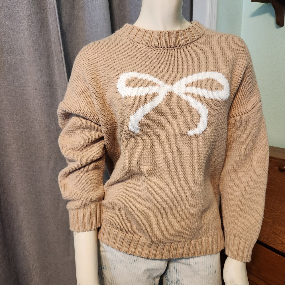 Sincerely Jules Women's Tan‎ Bow & Barret Chunky Knit Sweater Bloggers Fave Sz M
